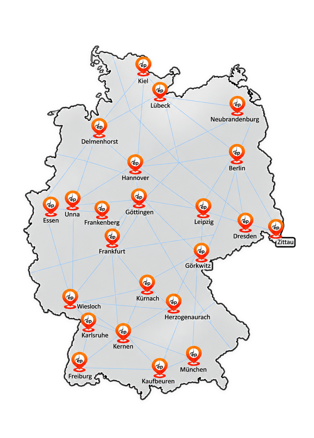 Vollständig sichtbare Deutschlandkarte mit den vernetzten Standorten des ErgonomiePartner-Netzwerks